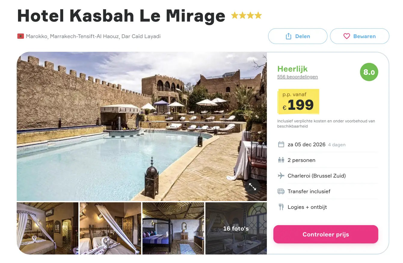 Boekingspagina Vakantiediscounter: Hotel Kasbah Le Mirage bij Marrakech, 4 dagen met ontbijt vanaf 199 euro p.p.