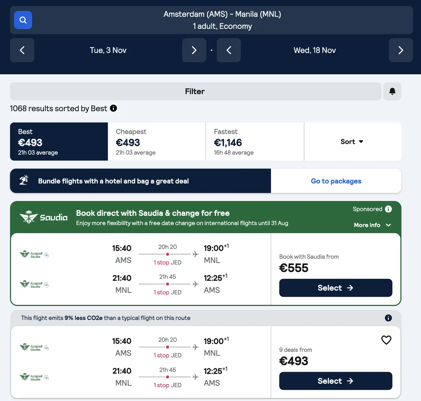 Skyscanner screenshot retourvlucht Amsterdam Manila €493 p.p. via Saudia