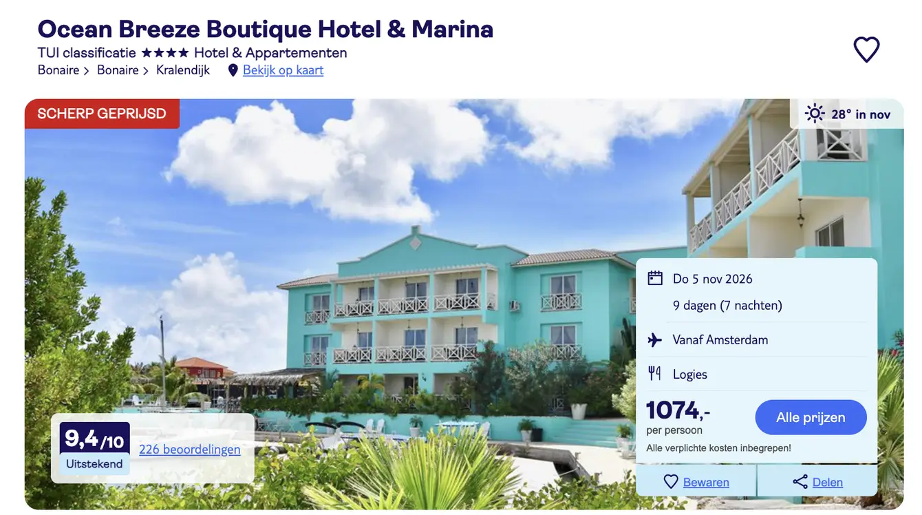 Boekingspagina TUI: Ocean Breeze Boutique Hotel & Marina op Bonaire, 9 dagen vanaf 1074 euro p.p.