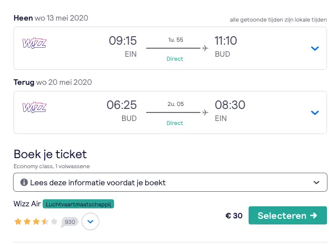 Eindhoven-boedapest-vliegticket-screenshot