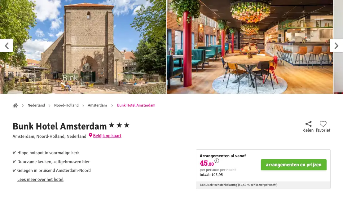 Voordeeluitjes screenshot BUNK Hotel Amsterdam €45 p.p. inclusief ontbijt