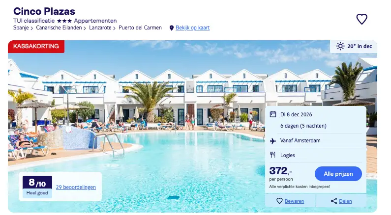 Boekingspagina TUI: Cinco Plazas in Puerto del Carmen op Lanzarote, 6 dagen vanaf 372 euro p.p.
