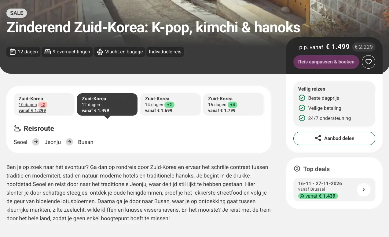 Aanbiedingspagina Journaway: 12-daagse rondreis Zuid-Korea van Seoel via Jeonju naar Busan vanaf 1499 euro p.p.