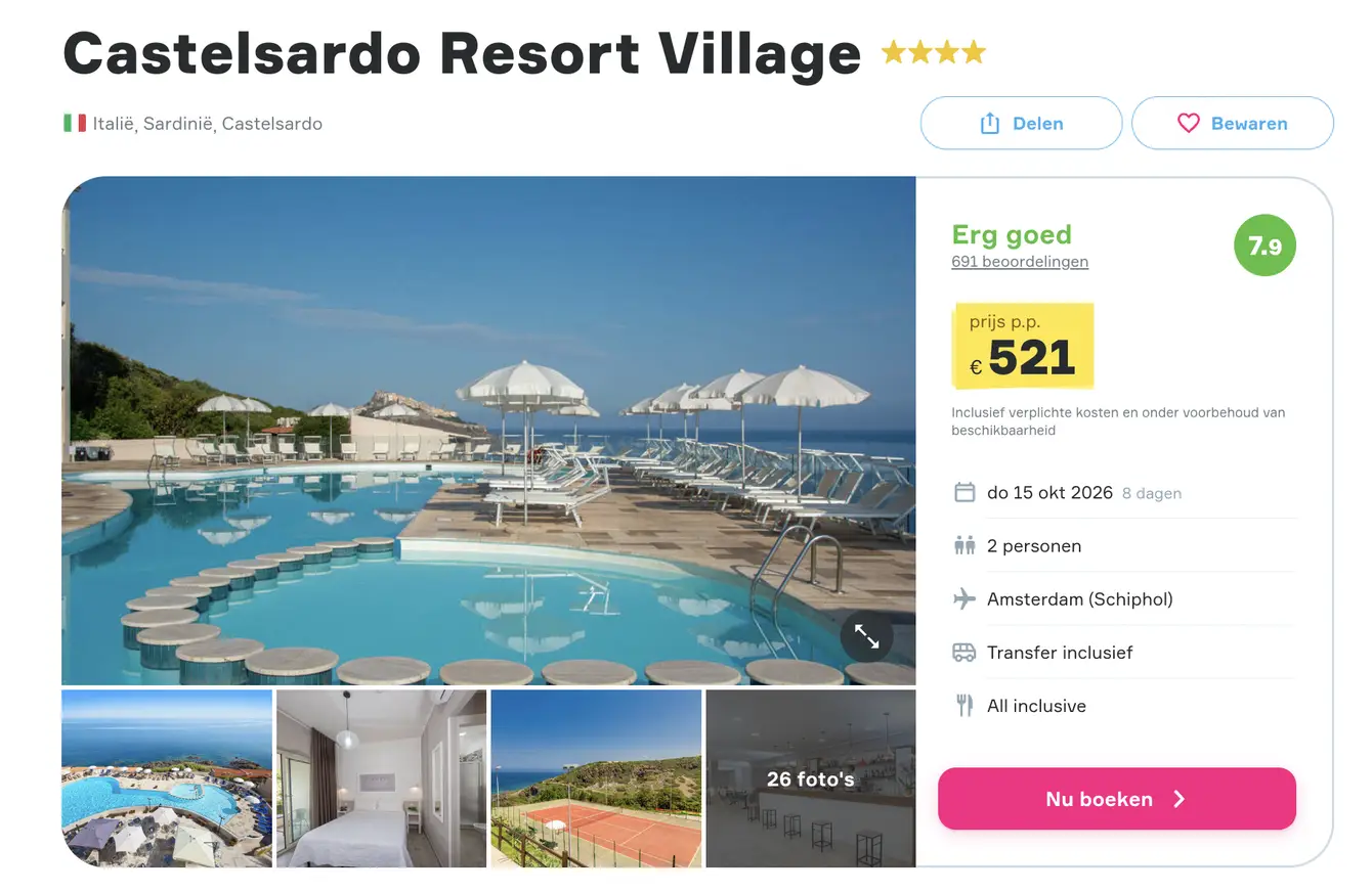 Boekingspagina Vakantiediscounter: Castelsardo Resort Village op Sardinie, 8 dagen all-inclusive vanaf 521 euro p.p.