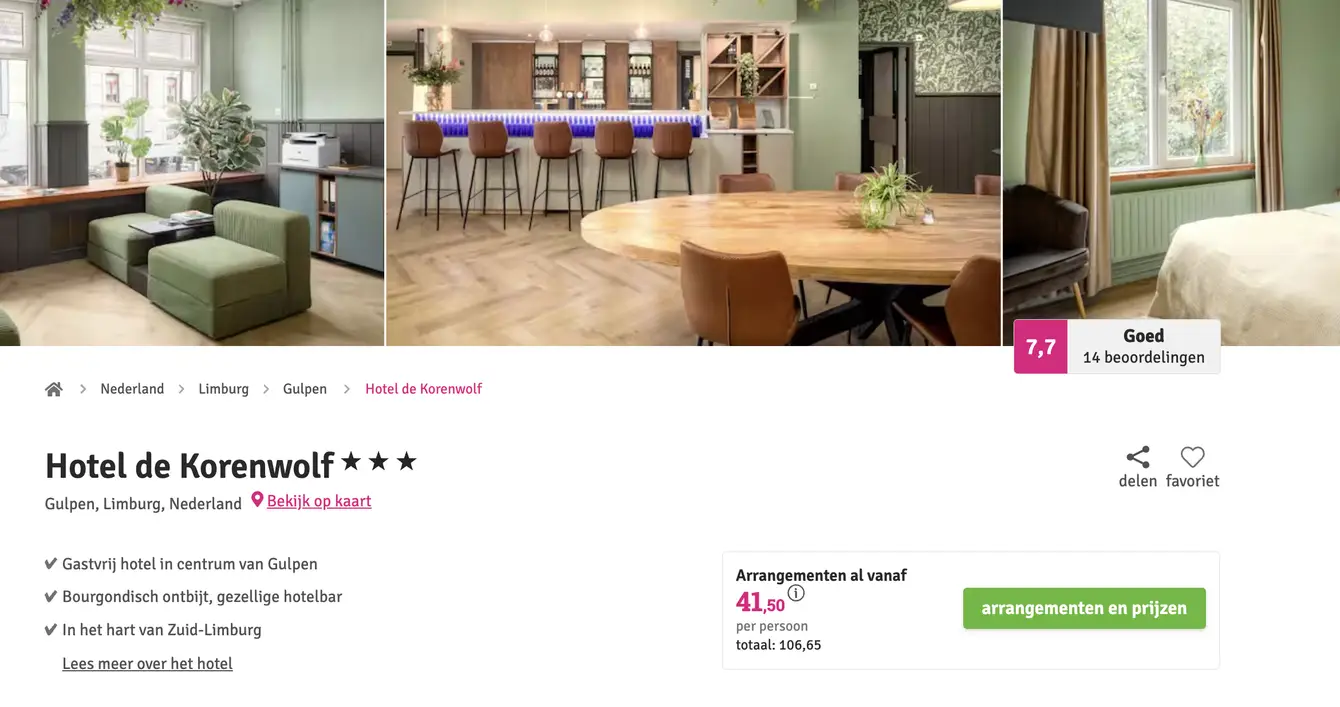 Voordeeluitjes screenshot Hotel de Korenwolf Gulpen €41,50 p.p.
