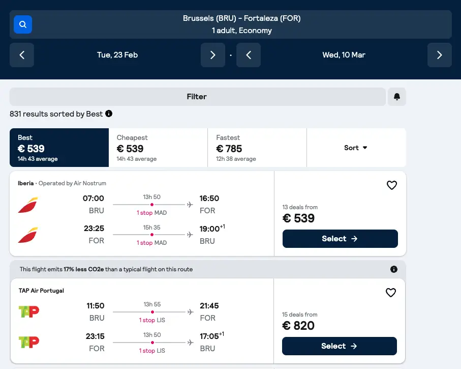 Zoekresultaten Skyscanner: retour Brussel - Fortaleza vanaf 539 euro p.p.