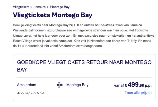 Boekingspagina TUI: retour Amsterdam - Montego Bay vanaf 499,98 euro p.p.