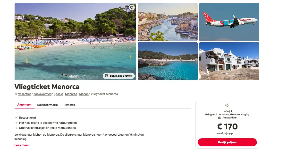 Boekingspagina last minute vliegticket Menorca bij Sunweb