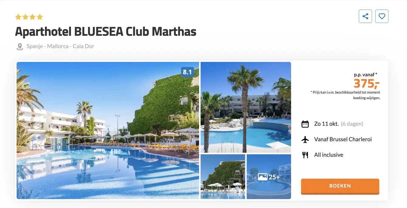 D-reizen screenshot Club Marthas Mallorca all inclusive voor €375 p.p.