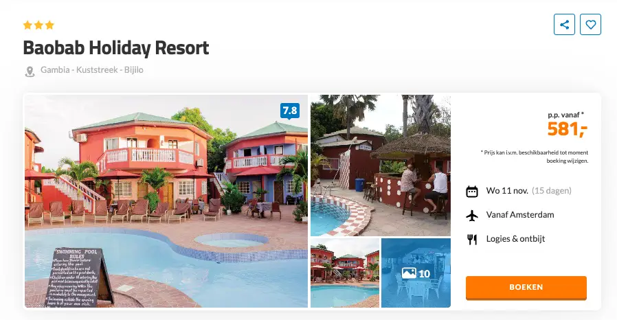 Boekingspagina D-reizen: Baobab Holiday Resort in Bijilo, 15 dagen met ontbijt vanaf 581 euro p.p.