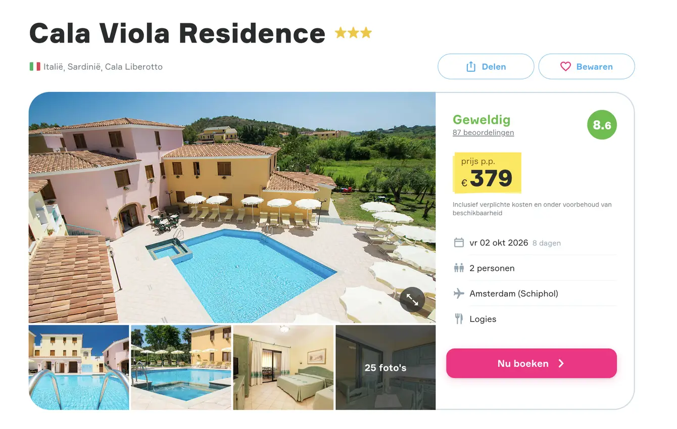 Vakantiediscounter screenshot Cala Viola Residence Sardinie 8 dagen voor €379