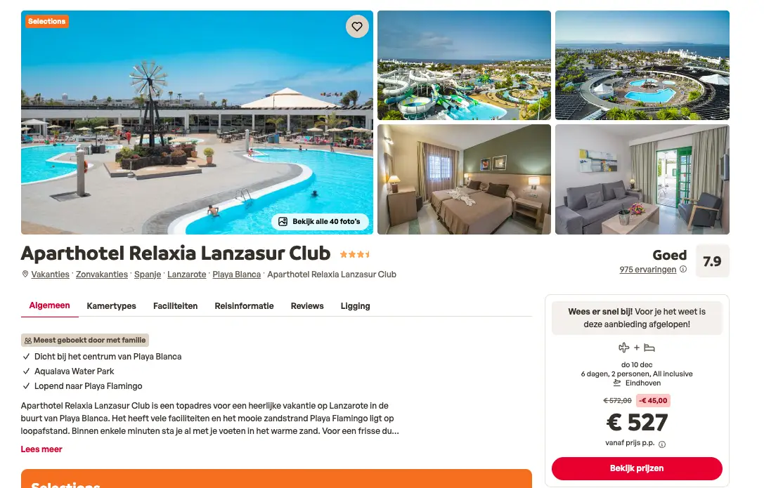 Boekingspagina Sunweb: Aparthotel Relaxia Lanzasur Club op Lanzarote, 6 dagen All Inclusive vanaf 527 euro p.p.