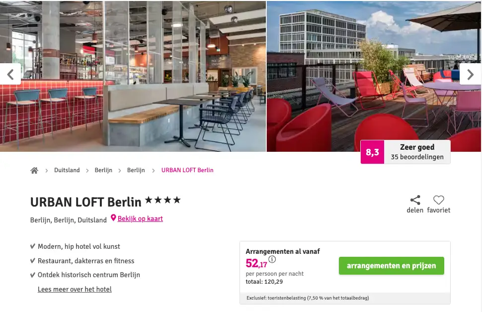 Boekingspagina Voordeeluitjes: URBAN LOFT Berlin vanaf 52,17 euro p.p. per nacht met ontbijt