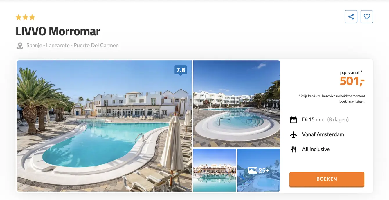 Boekingspagina D-reizen: LIVVO Morromar op Lanzarote, 8 dagen all-inclusive vanaf 501 euro p.p.
