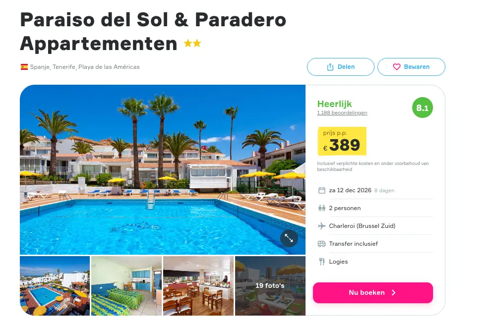 Boekingspagina dé VakantieDiscounter: Paraiso del Sol & Paradero Appartementen vanaf 389 euro p.p.