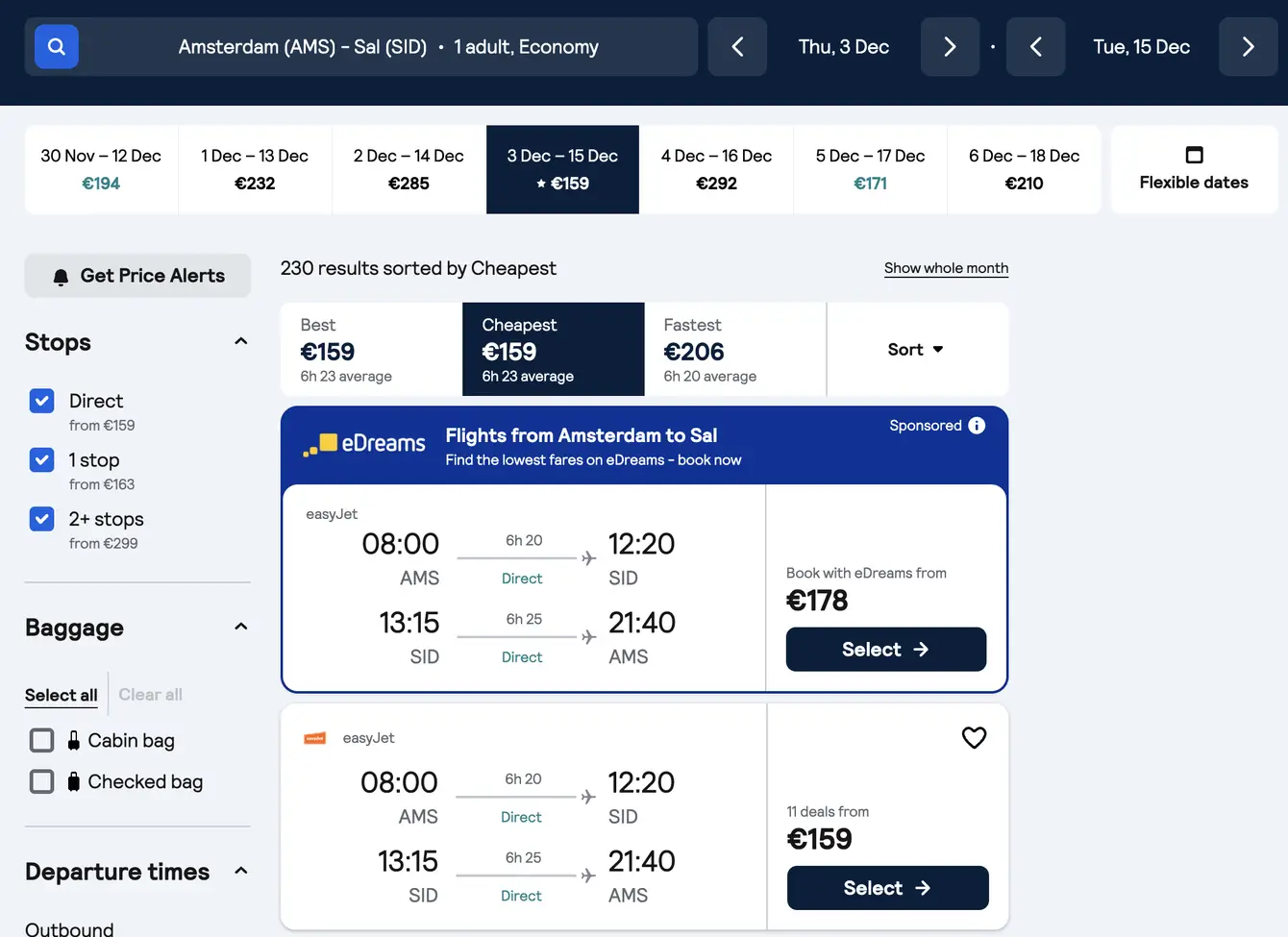 Skyscanner zoekresultaat: rechtstreeks retour Amsterdam naar Sal met easyJet vanaf 159 euro p.p.