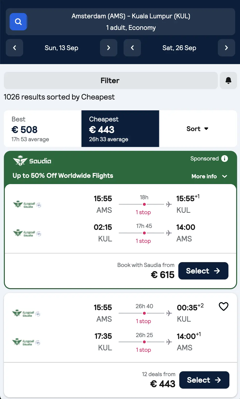 Skyscanner screenshot retour Amsterdam naar Kuala Lumpur €443 p.p. met Saudia