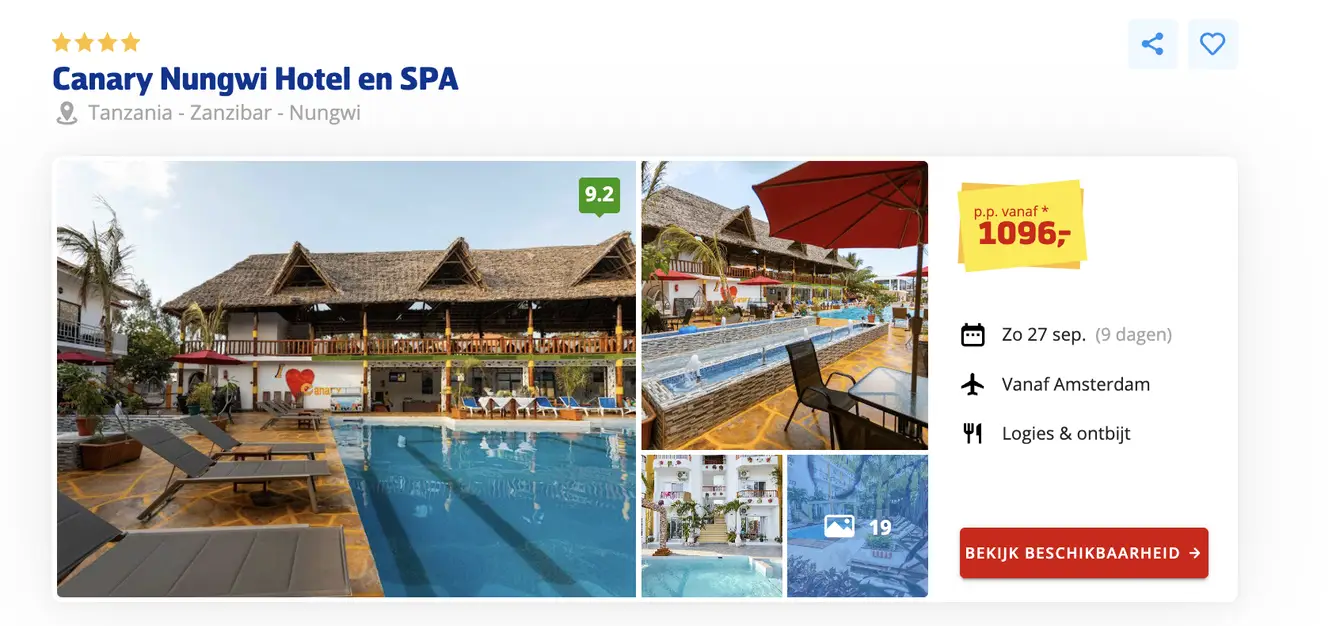 Prijsvrij screenshot Canary Nungwi Hotel en SPA Zanzibar 9 dagen €1069 p.p.