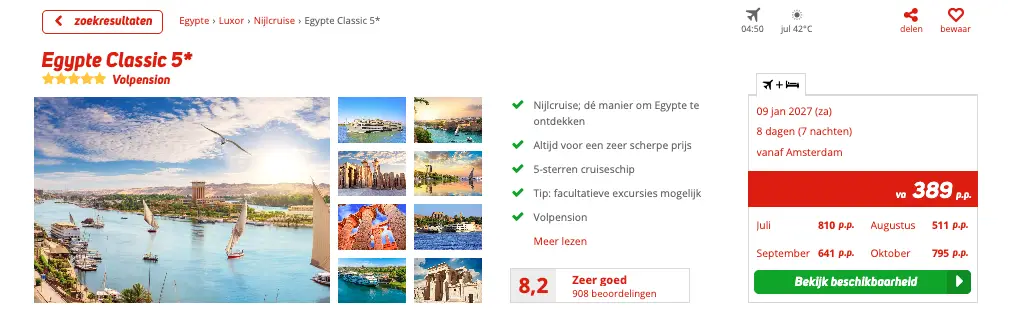 Boekingspagina Nijlcruise Egypte Classic 5 sterren bij Corendon