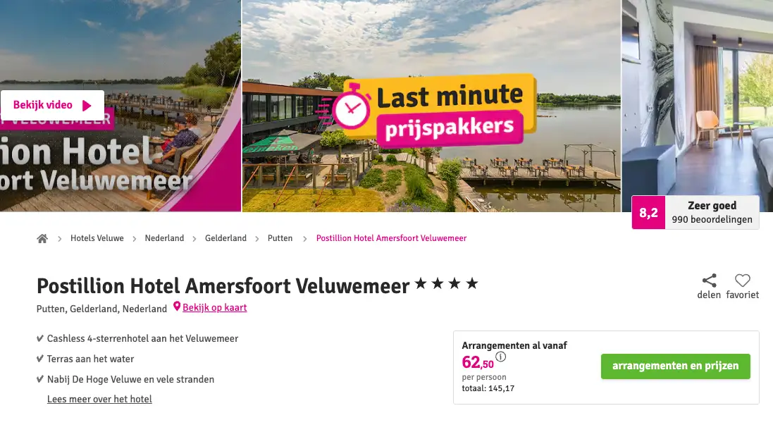 Voordeeluitjes screenshot Postillion Hotel Amersfoort Veluwemeer 2 dagen voor €62,50