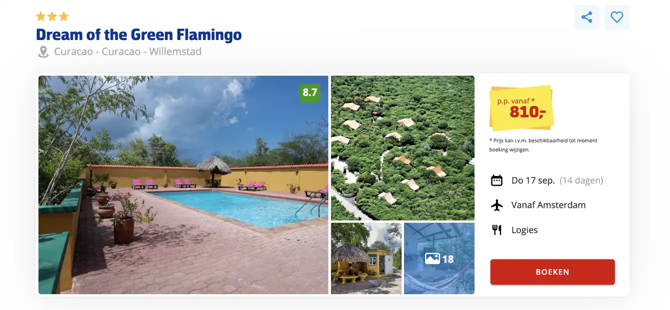 Boekingspagina Prijsvrij: Dream of the Green Flamingo op Curacao, 14 dagen vanaf 810 euro p.p.
