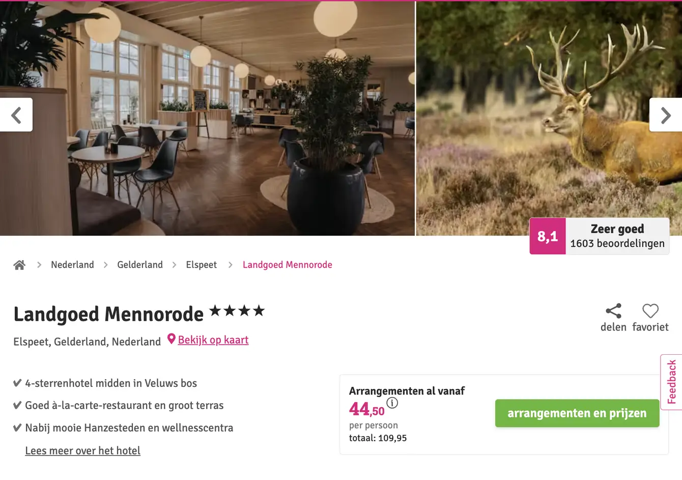 Boekingspagina Voordeeluitjes: Landgoed Mennorode op de Veluwe, 2 dagen met ontbijt vanaf 44,50 euro p.p.