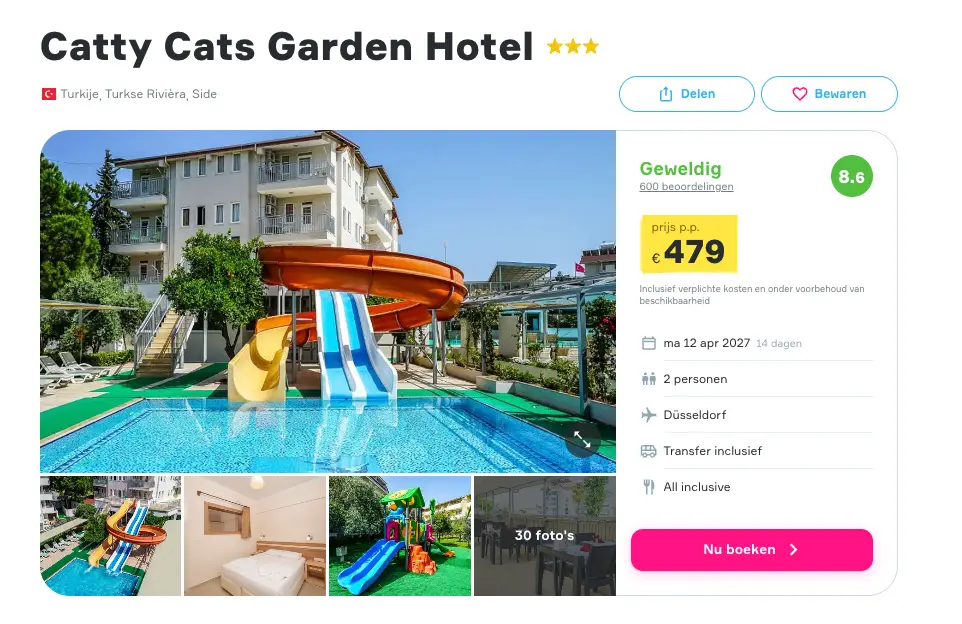 Vakantiediscounter screenshot Catty Cats Garden Hotel 14 dagen all inclusive voor €479 p.p.