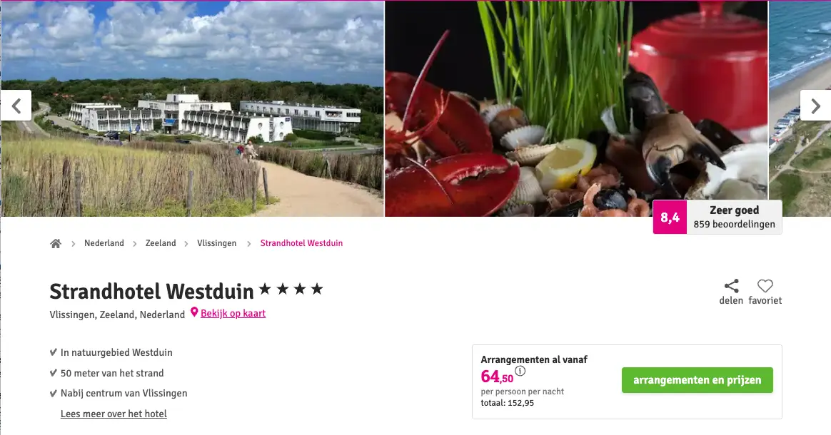 Boekingspagina Voordeeluitjes: Strandhotel Westduin bij Vlissingen, 2 dagen met ontbijt vanaf 64,50 euro p.p.