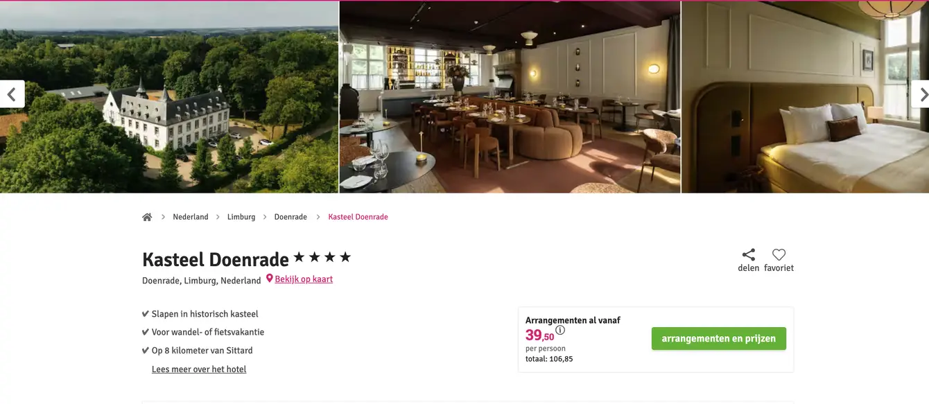 Voordeeluitjes screenshot Kasteel Doenrade €39 p.p. inclusief ontbijt
