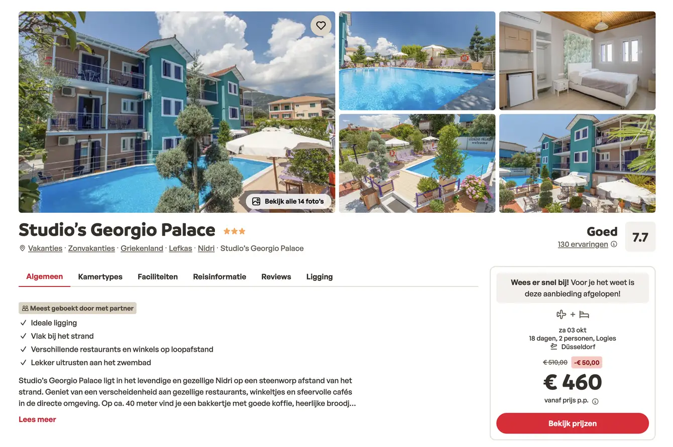 Boekingspagina Sunweb: Studios Georgio Palace op Lefkas, 18 dagen vanaf 460 euro p.p.