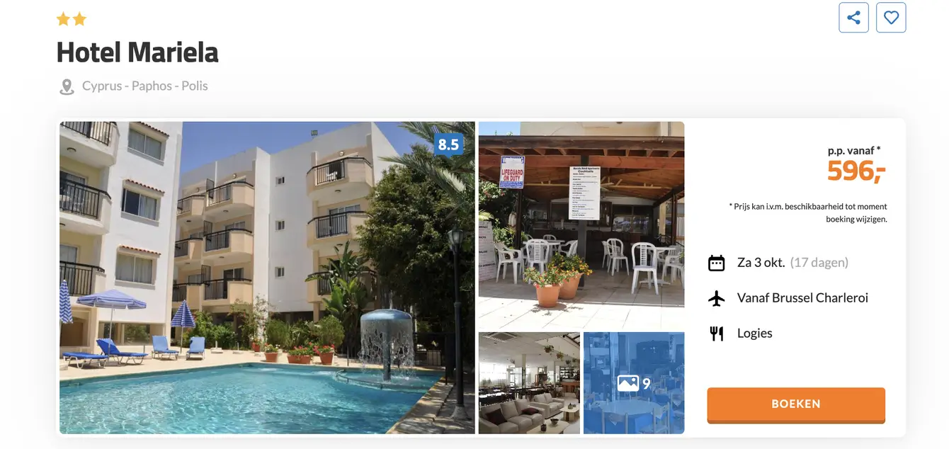D-reizen screenshot Hotel Mariela Polis Cyprus 17 dagen voor €596