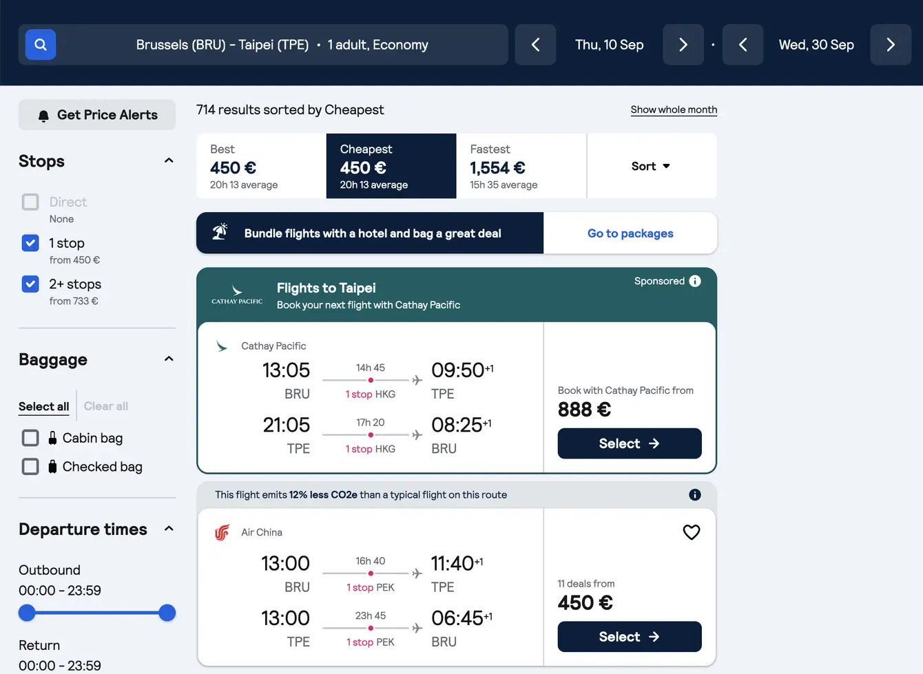 Skyscanner zoekresultaat: retour Brussel naar Taipei met Air China vanaf 450 euro p.p.