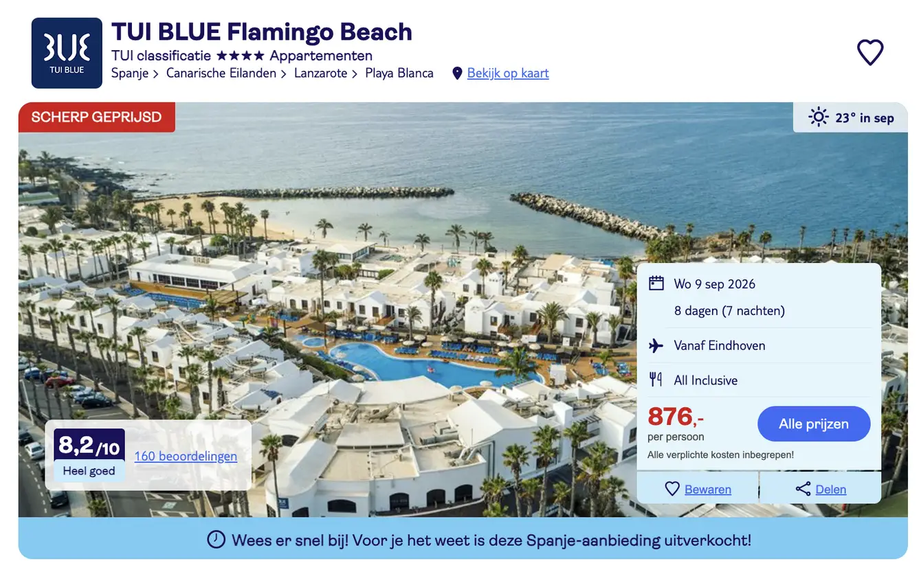 TUI screenshot TUI Blue Flamingo Beach Lanzarote 8 dagen voor €876