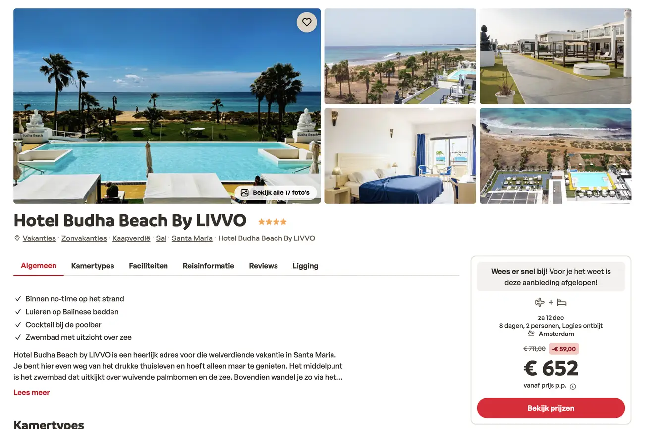 Sunweb screenshot Hotel Budha Beach by LIVVO 8 dagen voor €652 p.p.
