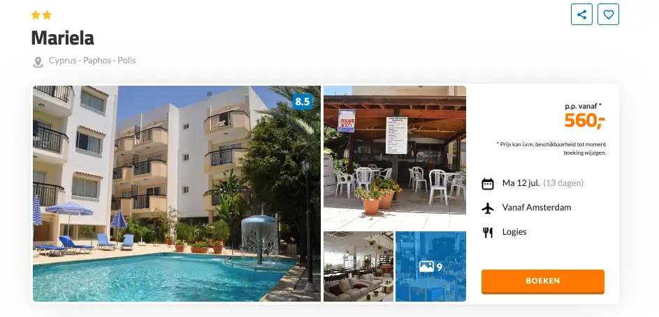 Boekingspagina D-reizen: Mariela in Polis op Cyprus, 13 dagen vanaf 560 euro p.p.