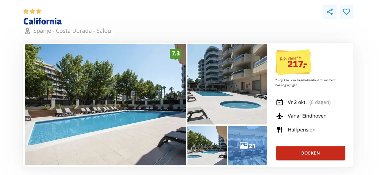Boekingspagina Prijsvrij: aparthotel California in Salou, 6 dagen halfpension vanaf 217 euro p.p.