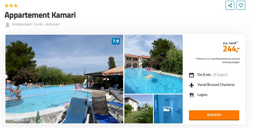 D-reizen screenshot Appartementen Kamari Corfu 8 dagen voor €244