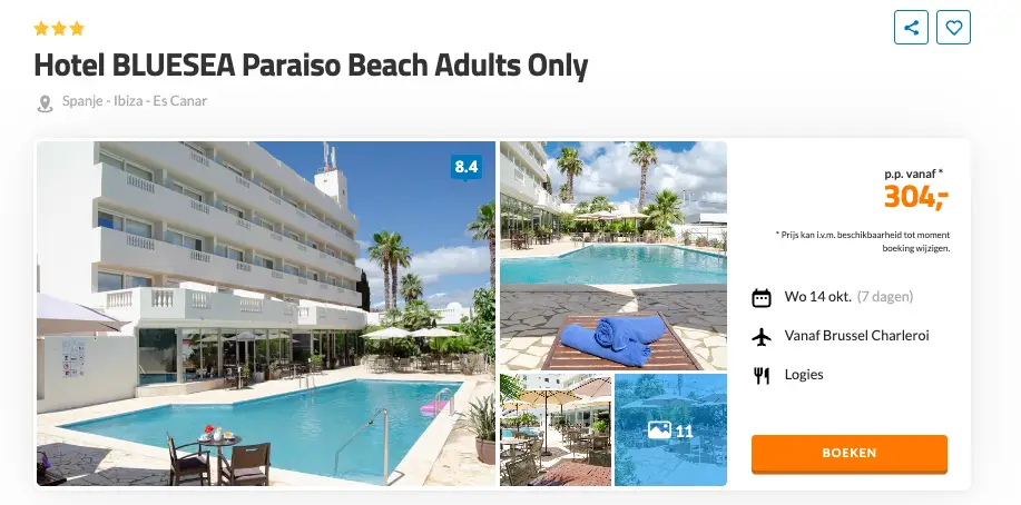 Boekingspagina D-reizen: BLUESEA Paraiso Beach Adults Only op Ibiza, 7 dagen vanaf 304 euro p.p.