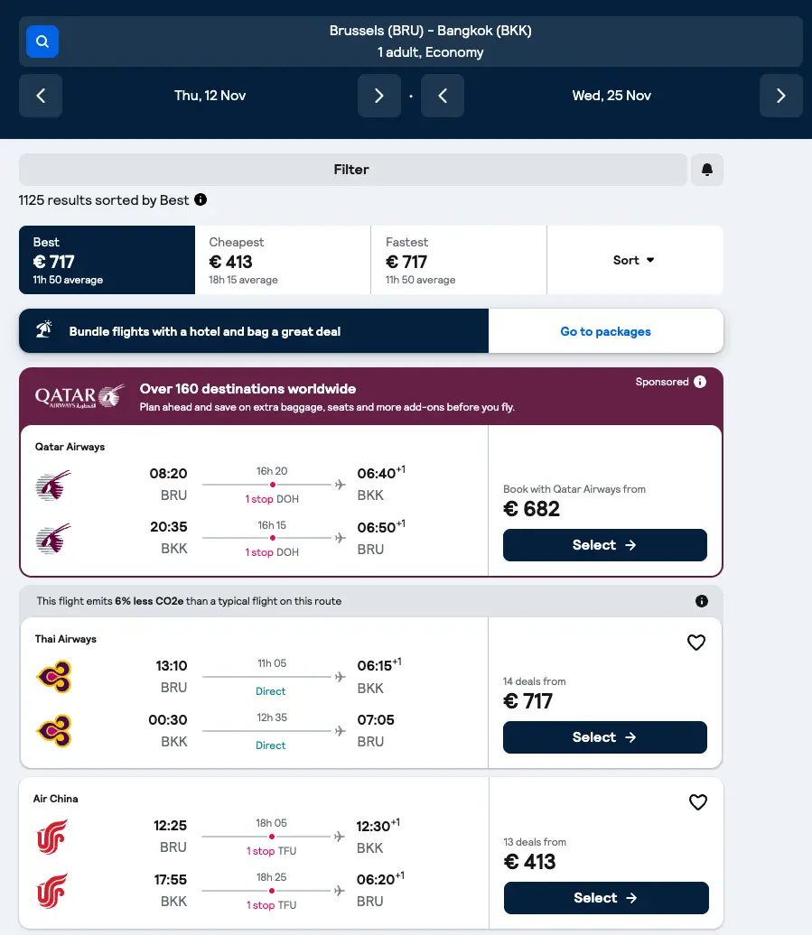 Zoekresultaten Skyscanner: retour Brussel - Bangkok vanaf 413 euro p.p.