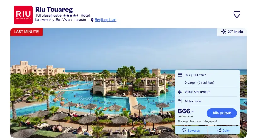 Boekingspagina TUI: Riu Touareg 4-**** vanaf 666 euro p.p.