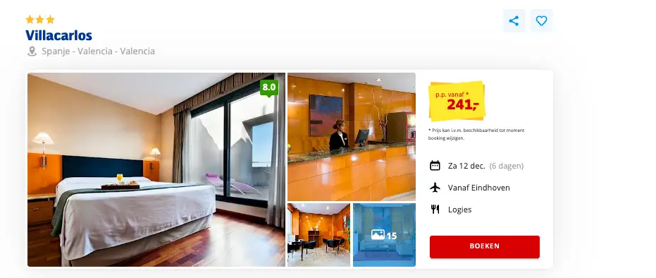 Boekingspagina Prijsvrij: Hotel Villacarlos in Valencia, 6 dagen vanaf 241 euro p.p.