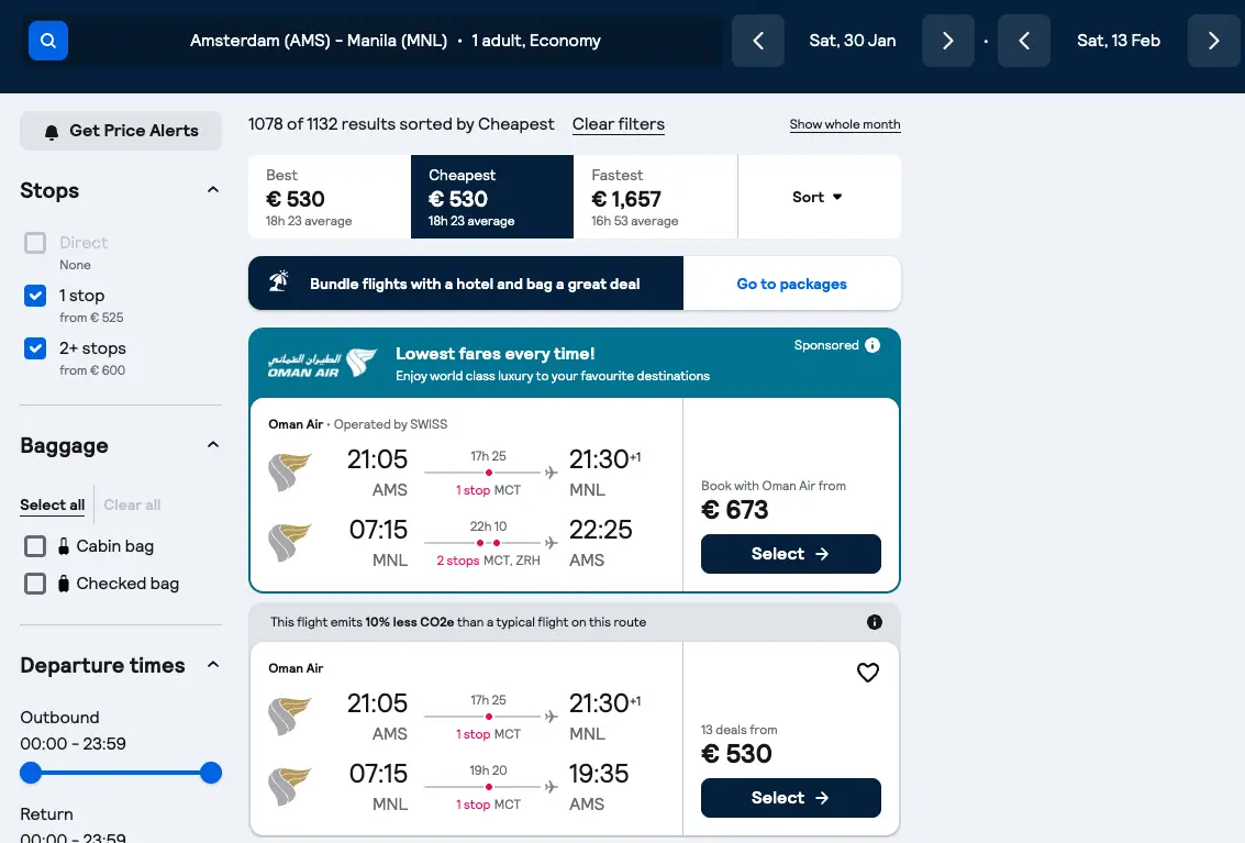 Boekingspagina Skyscanner: Vliegticket Amsterdam - Manila v.v. vanaf 530 euro p.p.