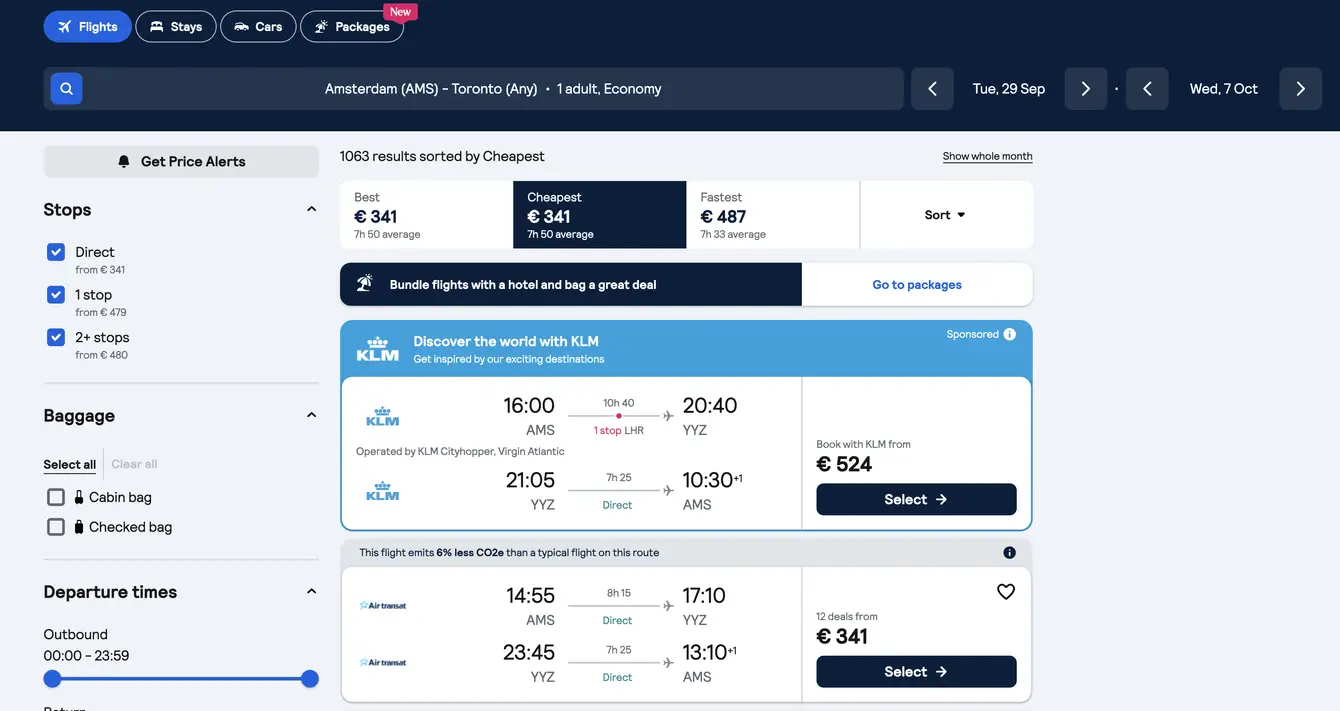Skyscanner screenshot retourvlucht Amsterdam Toronto €341 met Air Transat