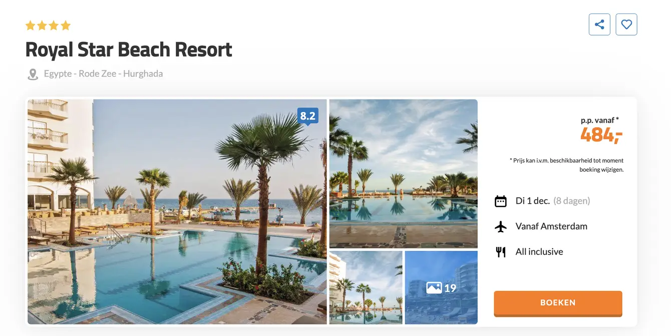 Boekingspagina D-reizen: Royal Star Beach Resort in Hurghada, 8 dagen All Inclusive vanaf 484 euro p.p.