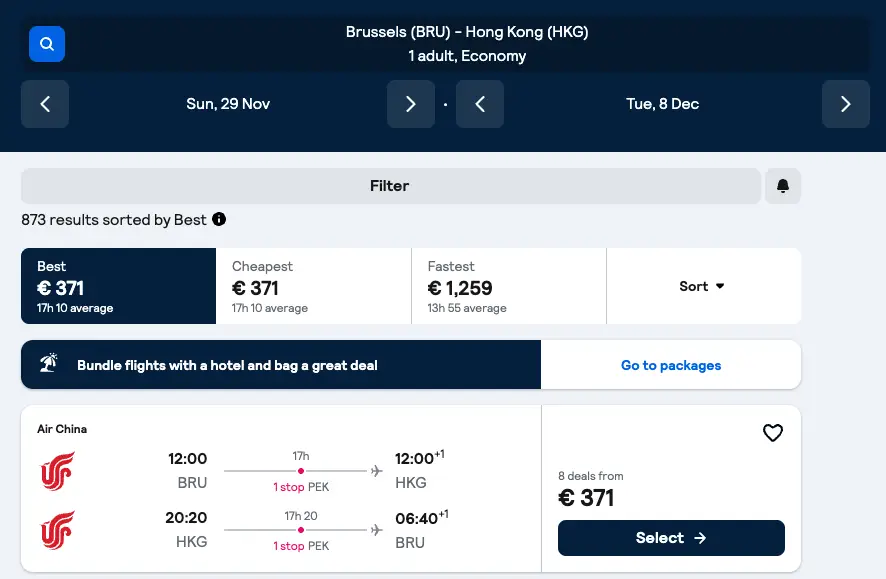 Zoekresultaten Skyscanner: retour Brussel - Hong Kong vanaf 371 euro p.p.