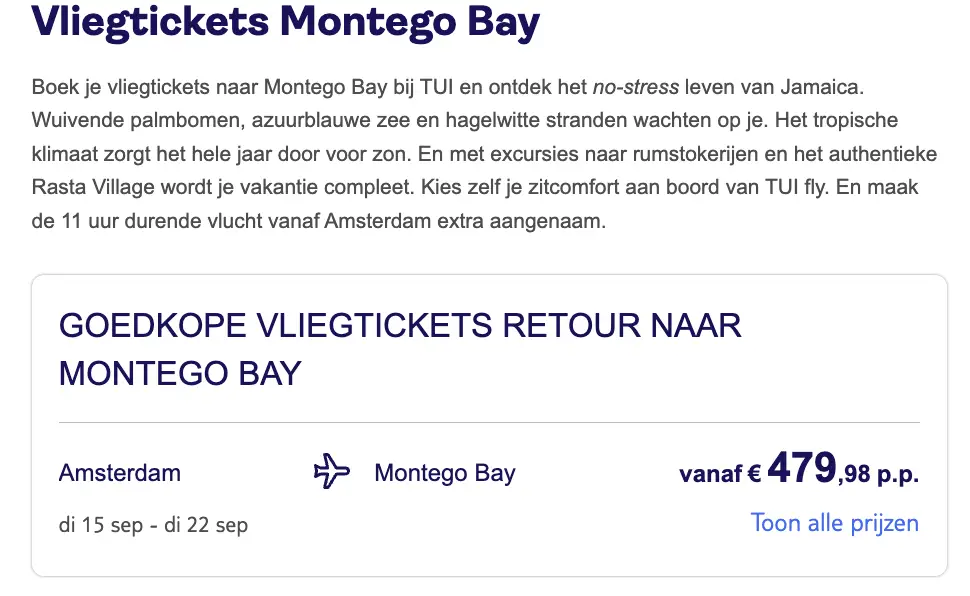 TUI screenshot vliegticket Montego Bay Jamaica Amsterdam voor €479