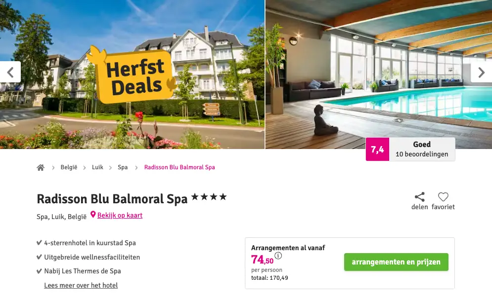 Boekingspagina Voordeeluitjes: Radisson Blu Balmoral Spa in de Ardennen, 2 dagen met ontbijt vanaf 74,50 euro p.p.