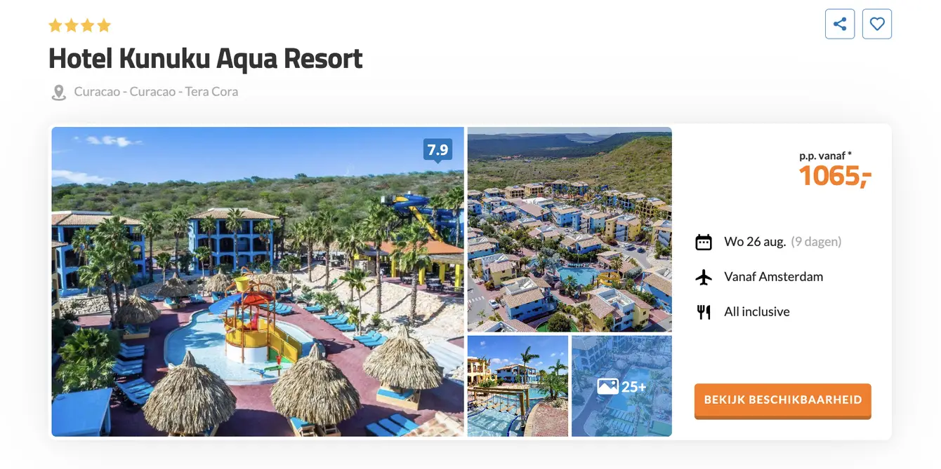 D-reizen screenshot Hotel Kunuku Aqua Resort Curacao 9 dagen voor €1065