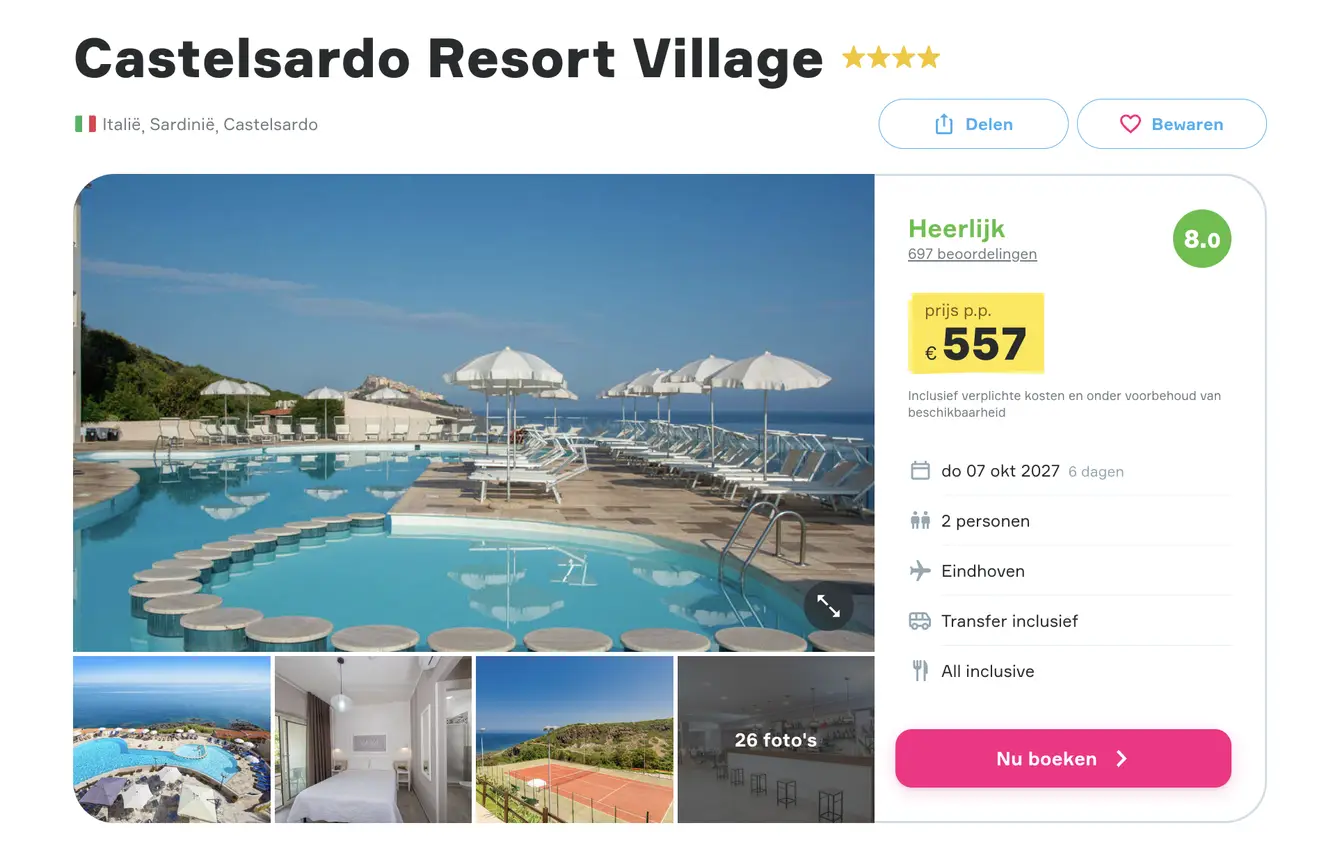 Boekingspagina Vakantiediscounter: Castelsardo Resort Village op Sardinië, 6 dagen All Inclusive vanaf 557 euro p.p.