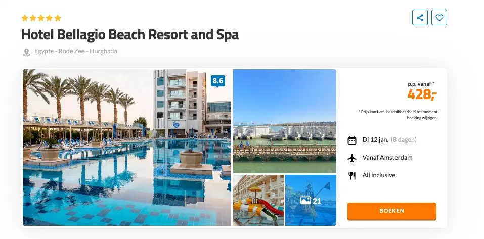 Boekingspagina D-reizen: Bellagio Beach Resort and Spa in Hurghada, 8 dagen All Inclusive vanaf 428 euro p.p.